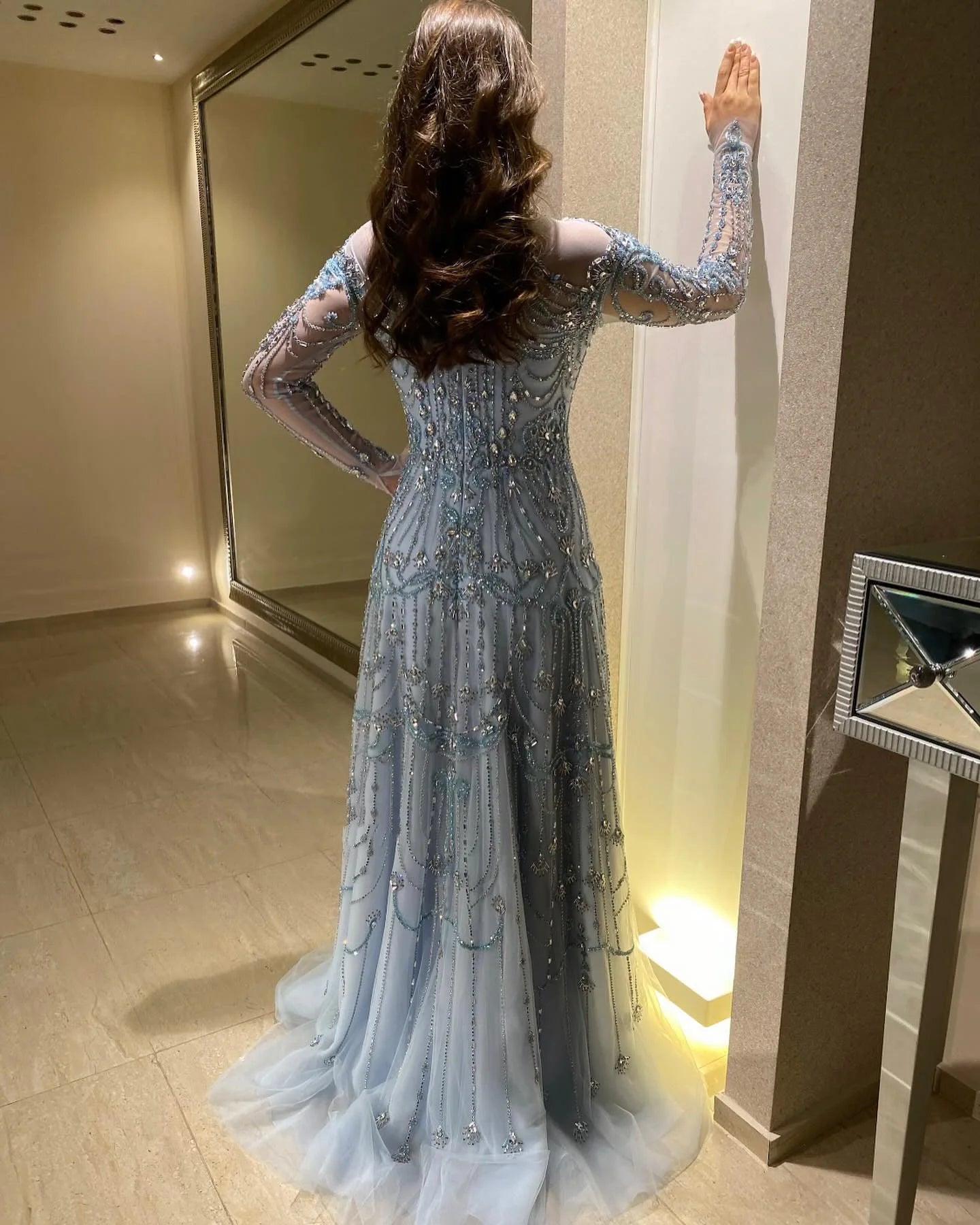 Elegant Beaded Crystal Tulle Evening Dress with High Neckline, Full Sleeves & Sweep Train – Formal Floor-Length Gown by Sharon Said