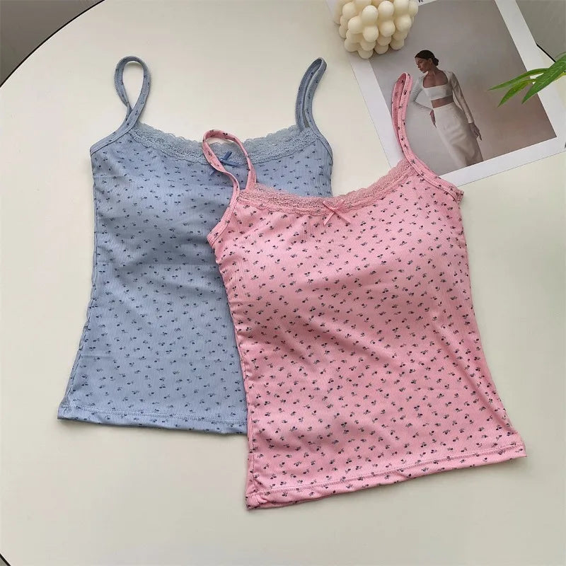 Summer Print Crop Tops for Women – Bow Lace Camisole, Sexy Backless Tank Top Y2K Streetwear