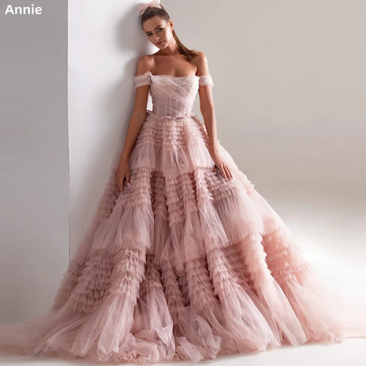 Off-the-shoulder Layered Prom Dresses فساتين السهرة Pink Tulle Ruffle Formal Occasion Party Dress Vestidos De Noche Customized