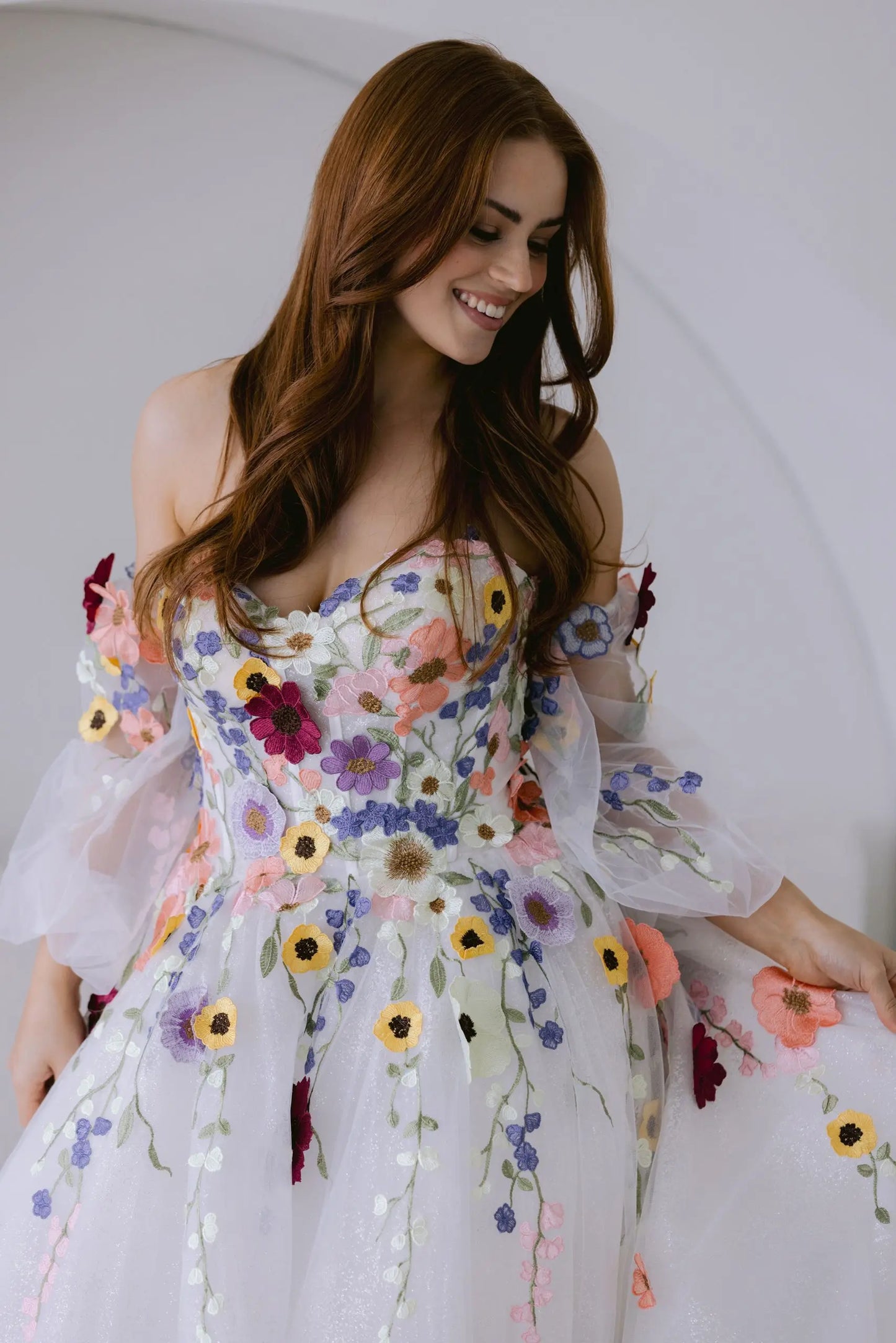 Jessica Flower Puff Sleeves Bridal Dress Embroidery Floral Tulle Prom Dresses Wedding Party Dresses Vestidos De Noche Customize