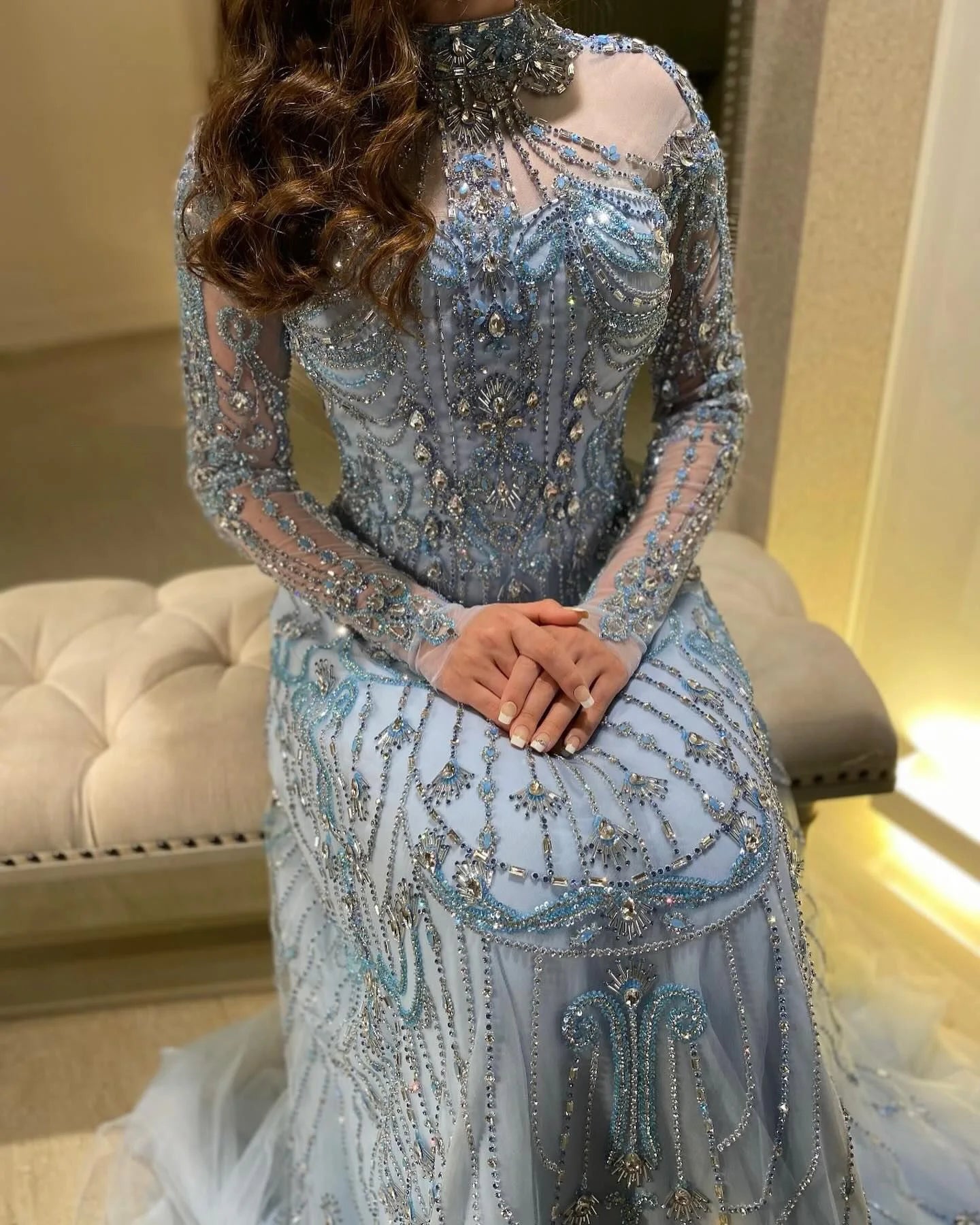 Elegant Beaded Crystal Tulle Evening Dress with High Neckline, Full Sleeves & Sweep Train – Formal Floor-Length Gown by Sharon Said
