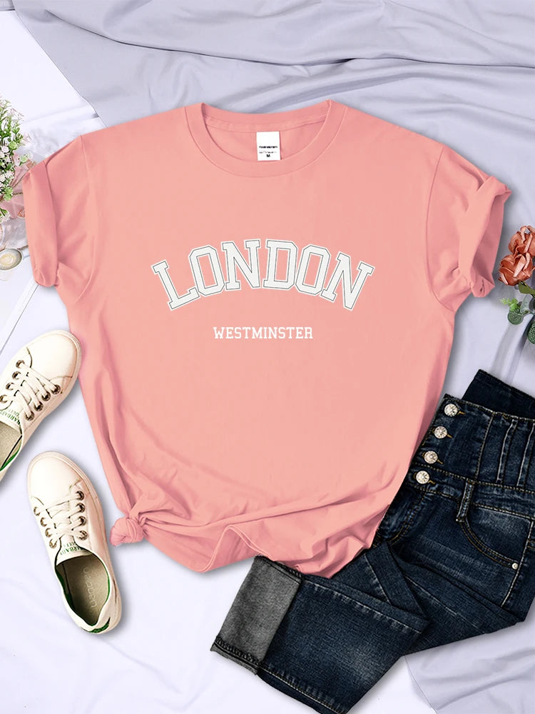 London Westminster Street Letter Tshirt Women Summer Breathable Crop Top Casual Sport Tee Clothes Sweat Cool Soft T-Shirt Female
