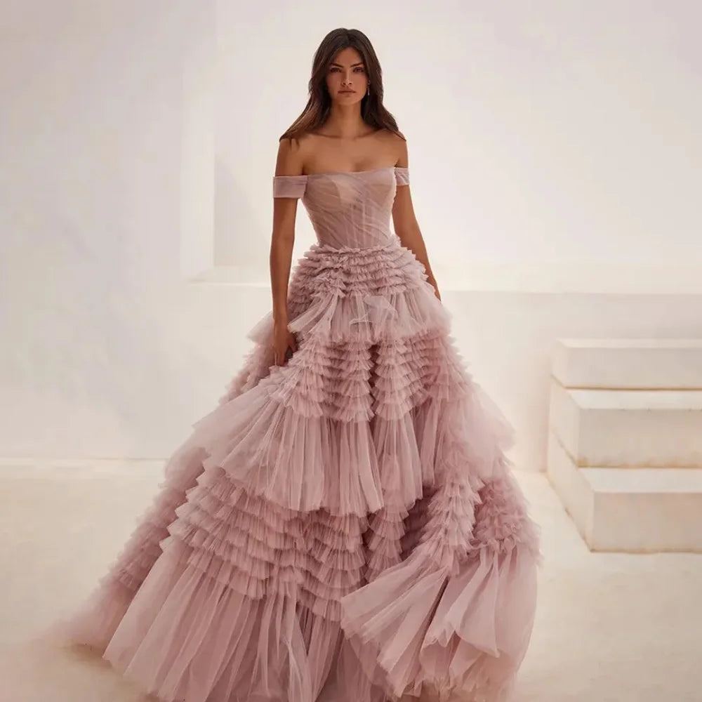 Off-the-shoulder Layered Prom Dresses فساتين السهرة Pink Tulle Ruffle Formal Occasion Party Dress Vestidos De Noche Customized