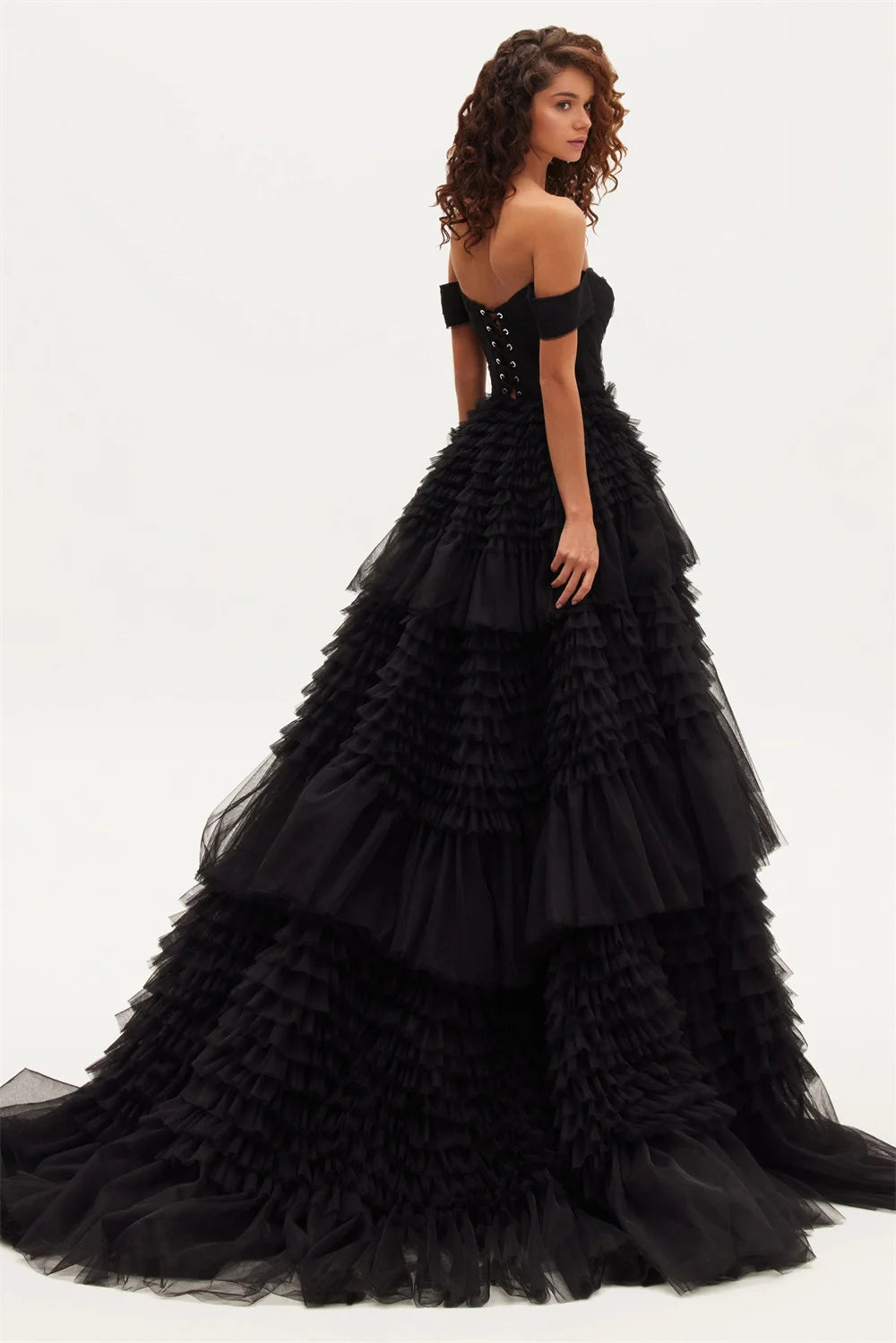 Off-the-shoulder Layered Prom Dresses فساتين السهرة Pink Tulle Ruffle Formal Occasion Party Dress Vestidos De Noche Customized