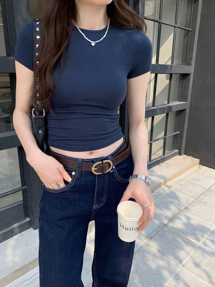 Basic Solid Crop Top Short Sleeve – Anitrendy Skinny Crewneck Tee for Women UK Summer 2025