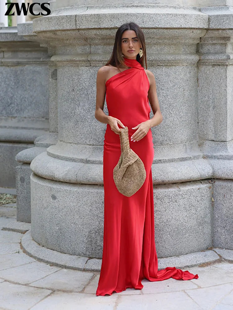 Elegant Satin Ribbons Halter Party Dress Women's Sexy Backless Off Shoulder Sleeveless Robes 2025 Summer New Lady Evening Gowns
