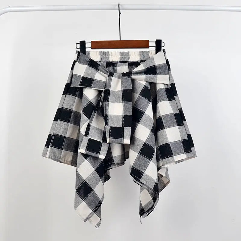 Women Plaid Mini Skirt – Summer Retro Bow Knot Elastic Waist Irregular Short Skirt Blue White