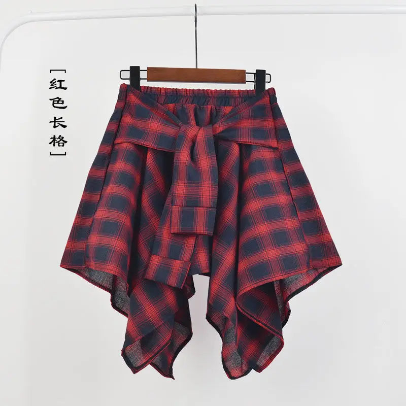 Women Plaid Mini Skirt – Summer Retro Bow Knot Elastic Waist Irregular Short Skirt Blue White