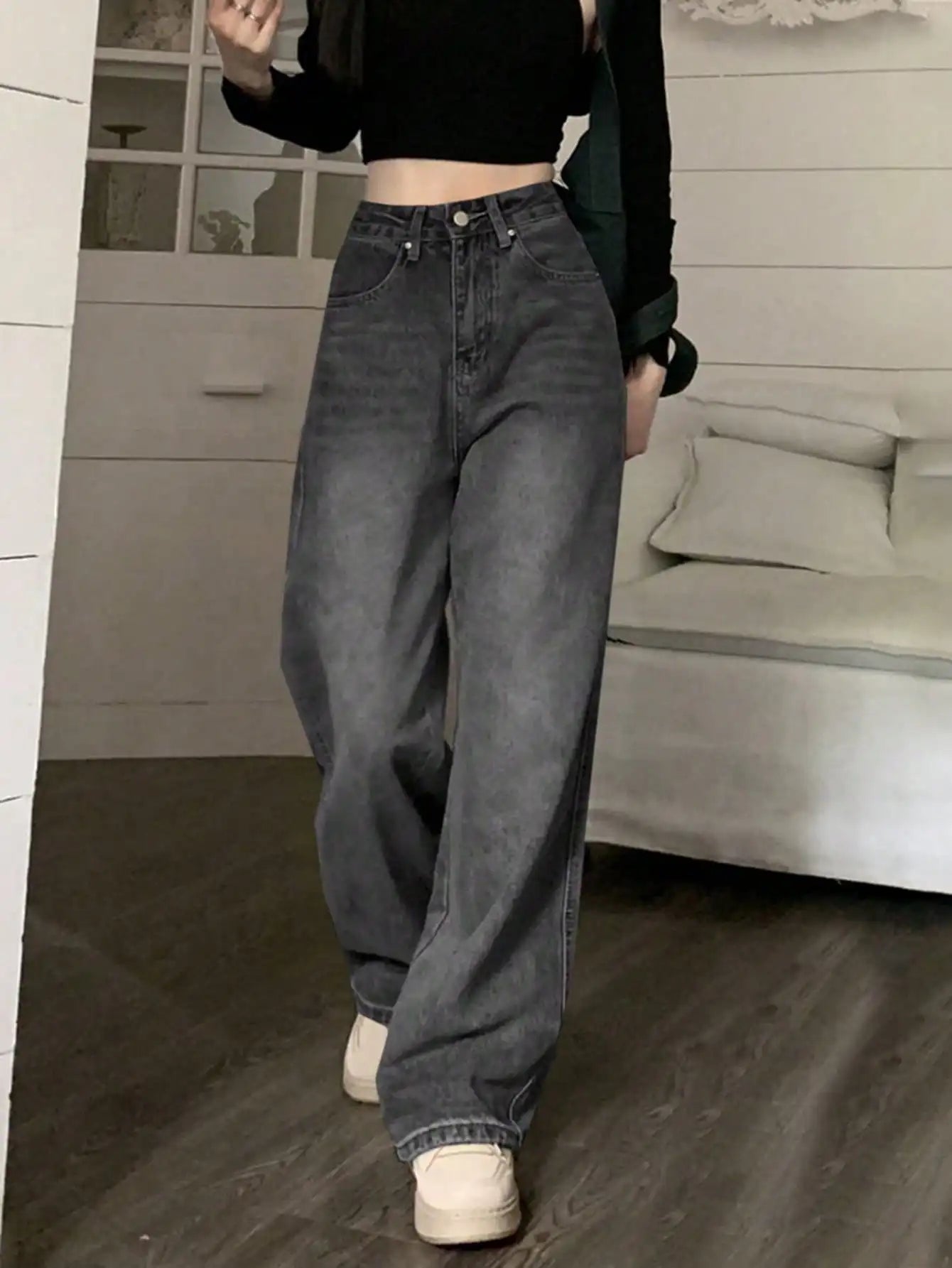 Women’s High Waist Wide Leg Jeans – Retro Vintage Slimming Mop Pants UK