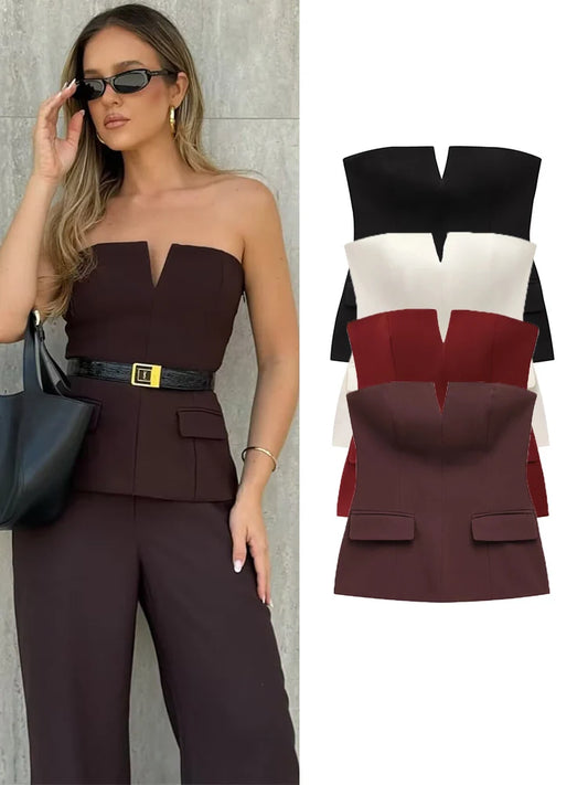 Strapless Crop Top – Anitrendy Solid Tube Top for Women, Office Lady Spring Summer Sleeveless Tee, UK Trend Street Style