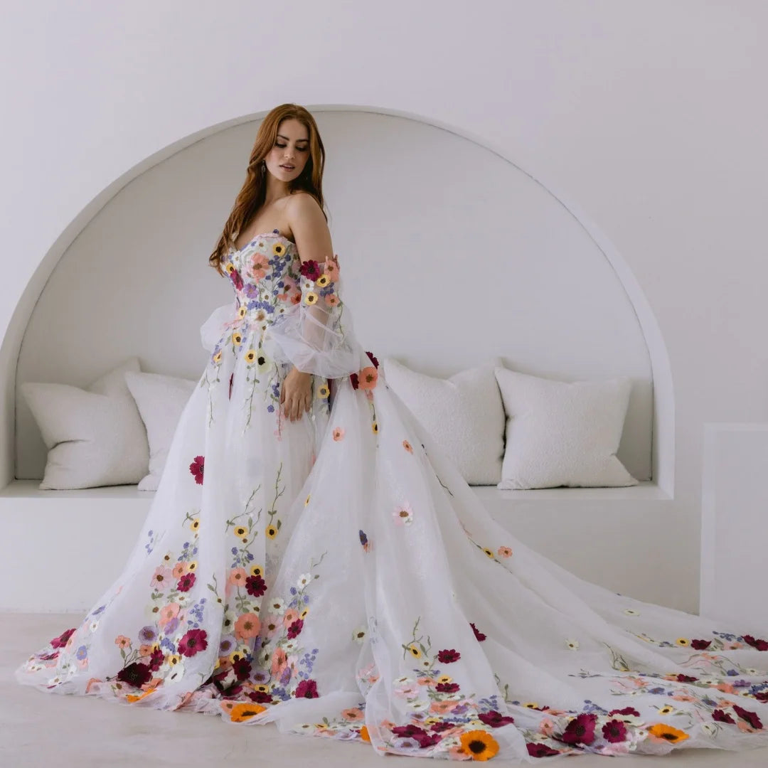 Jessica Flower Puff Sleeves Bridal Dress Embroidery Floral Tulle Prom Dresses Wedding Party Dresses Vestidos De Noche Customize