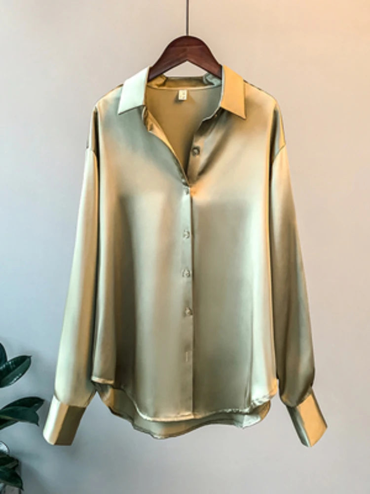 Office Lady Satin Blouse – Women’s Long Sleeve Elegant Shirt, Korean Designer Style UK