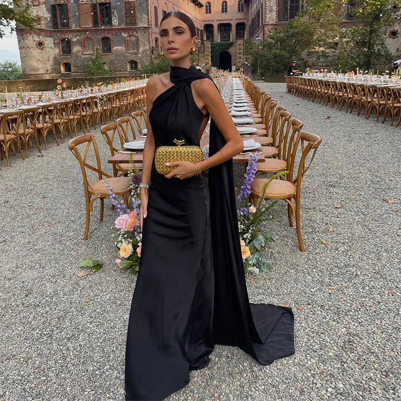 Elegant Satin Ribbons Halter Party Dress Women's Sexy Backless Off Shoulder Sleeveless Robes 2025 Summer New Lady Evening Gowns