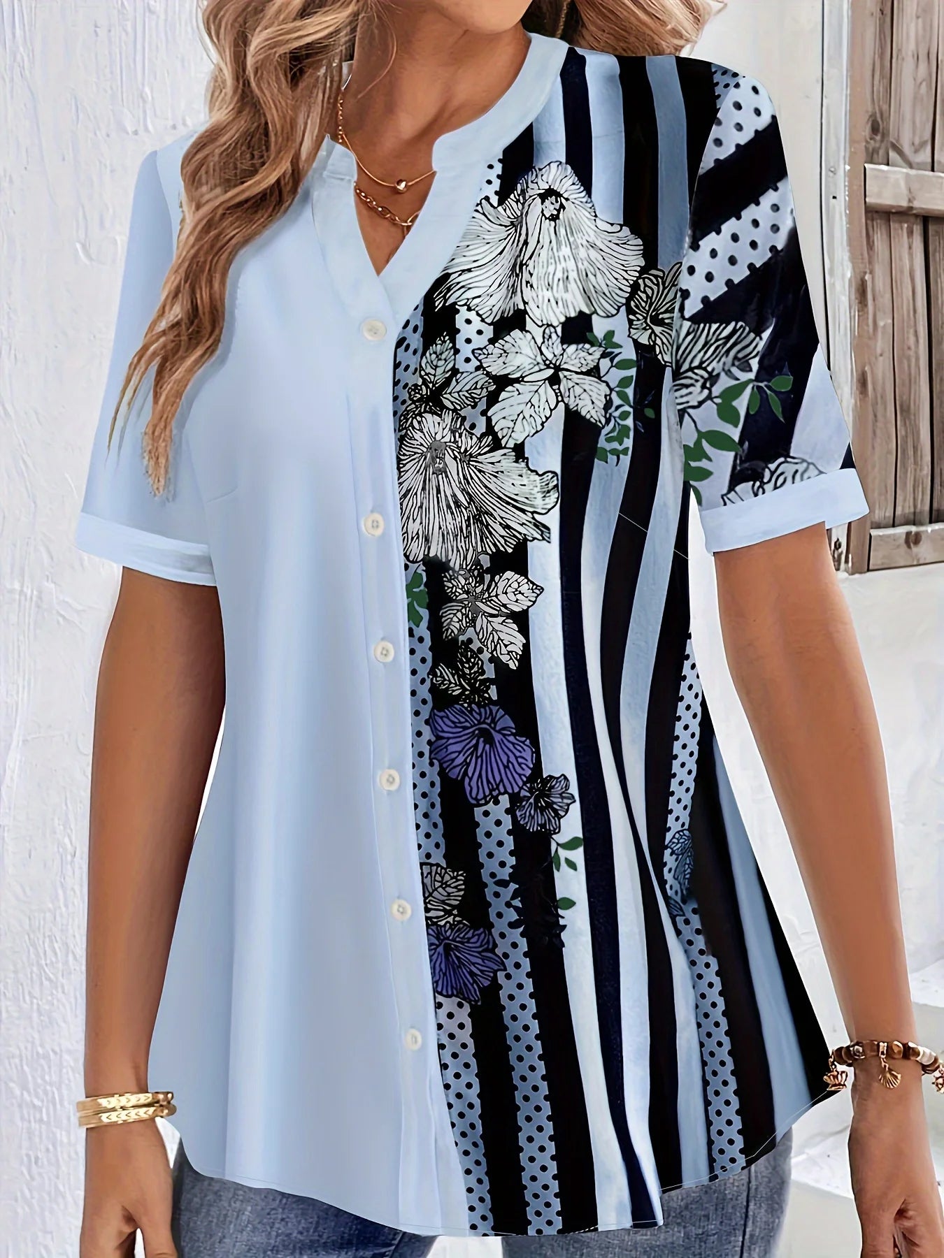 Plus Size Striped Floral Print Blouse – Women’s Casual V-Neck Half Sleeve Top UK