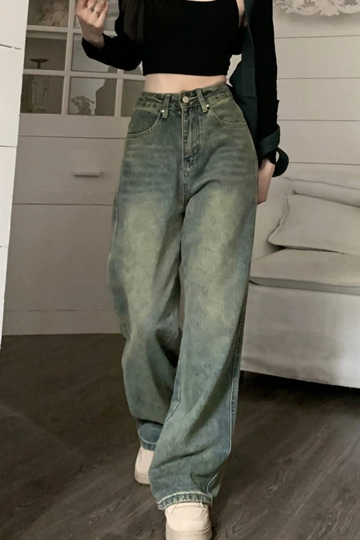 Women’s High Waist Wide Leg Jeans – Retro Vintage Slimming Mop Pants UK