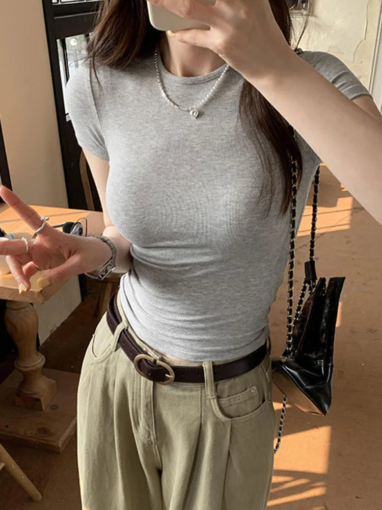 Basic Solid Crop Top Short Sleeve – Anitrendy Skinny Crewneck Tee for Women UK Summer 2025