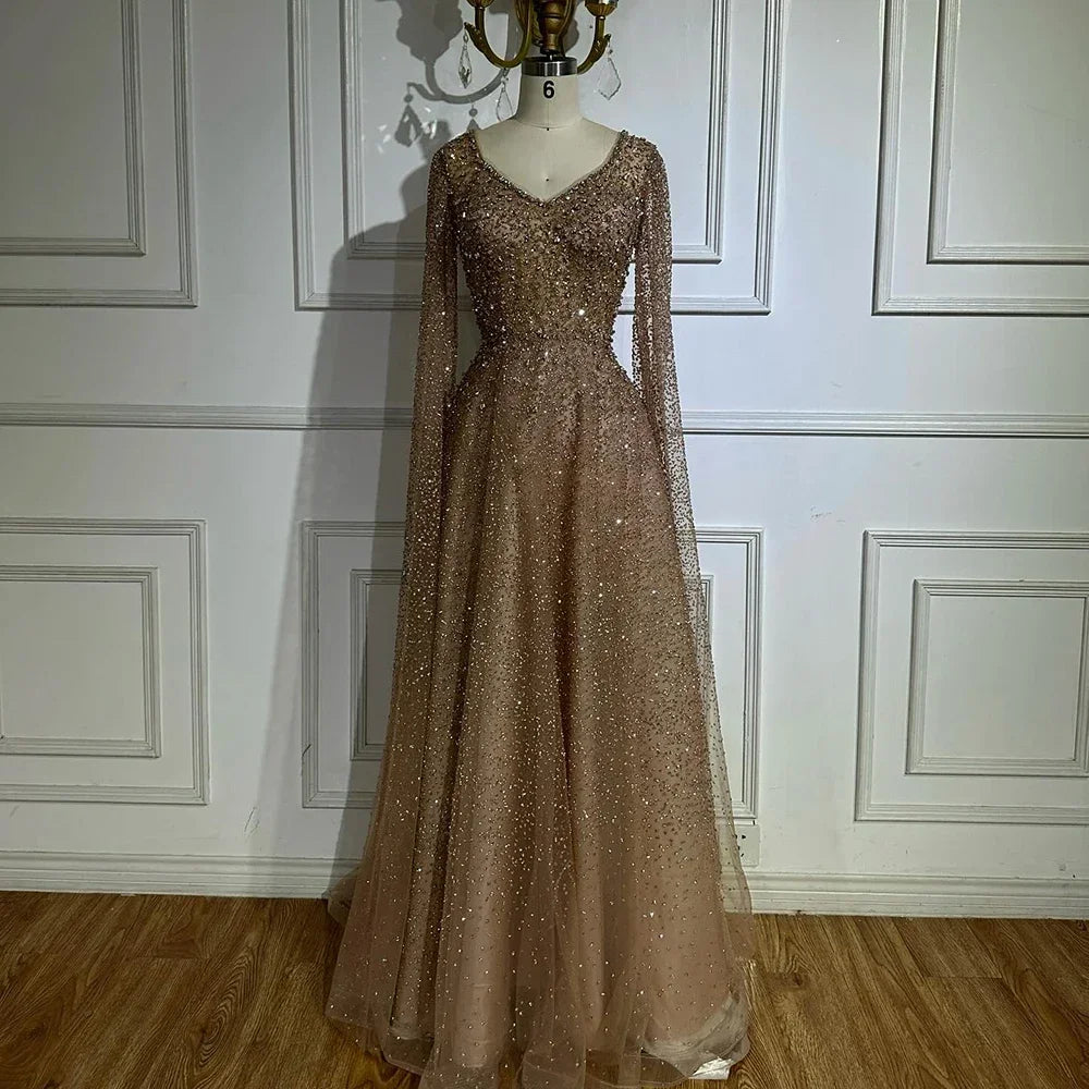 SERENE HILL Customized Arabic Purple Luxury Beaded A-Line Evening Dress 2025 Cape Sleeves Women Wedding Party Gown CLA72147A