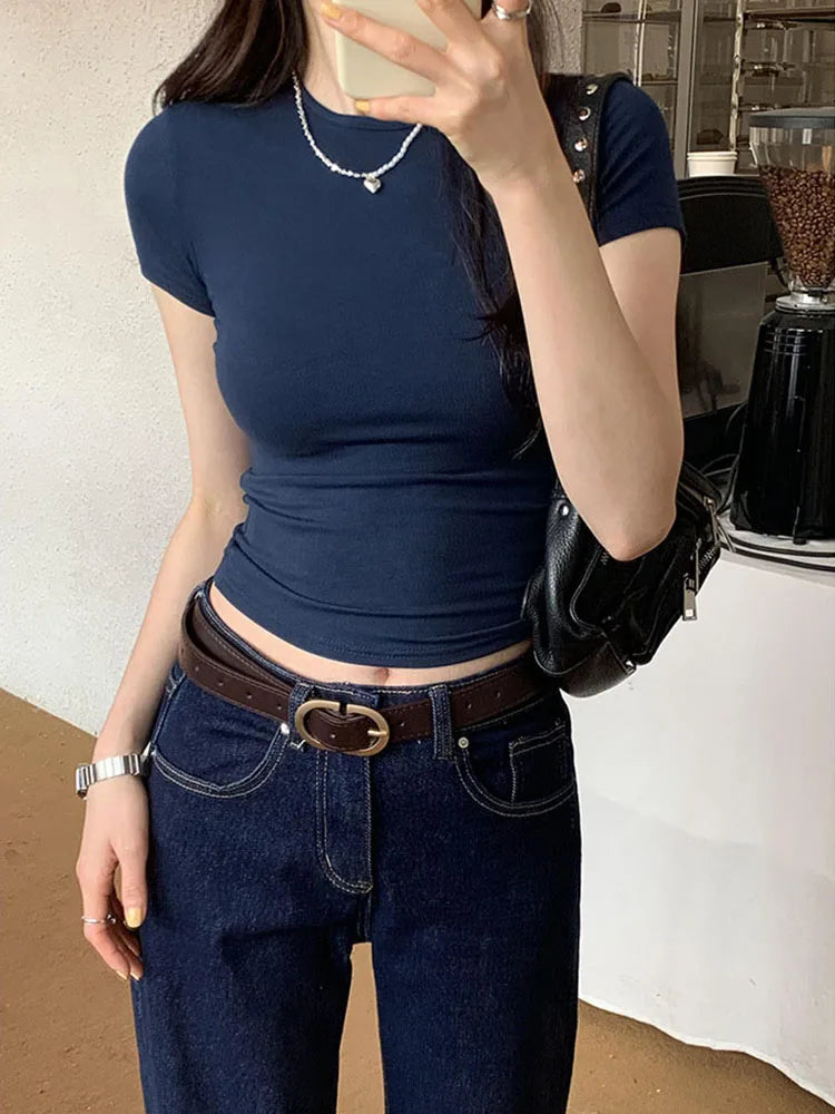Basic Solid Crop Top Short Sleeve – Anitrendy Skinny Crewneck Tee for Women UK Summer 2025