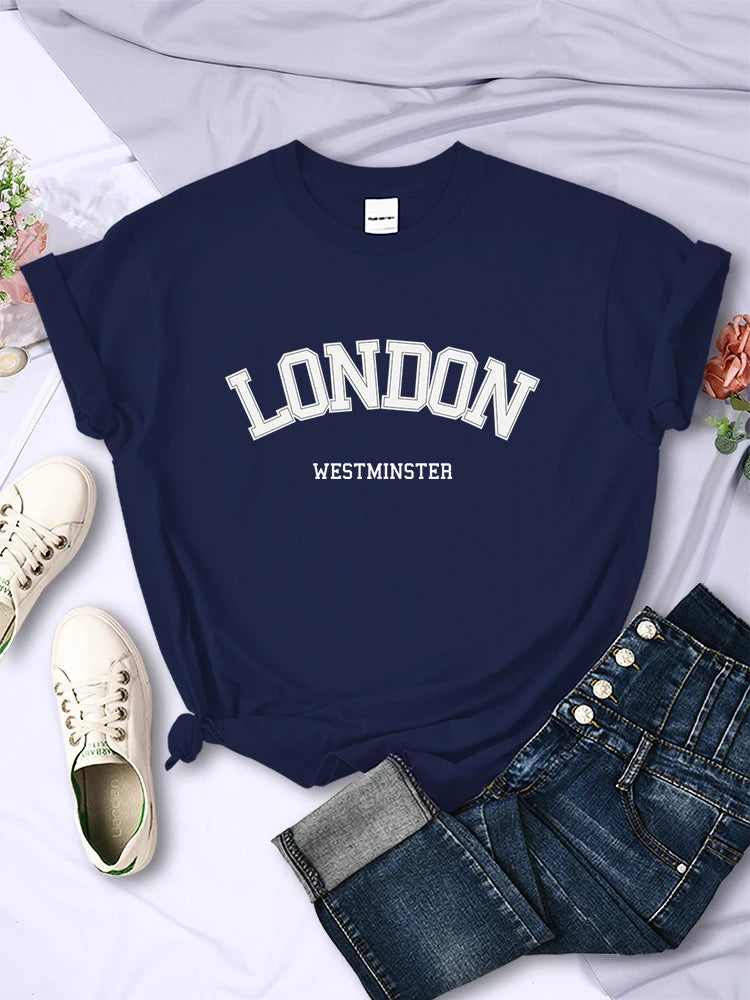 London Westminster Street Letter Tshirt Women Summer Breathable Crop Top Casual Sport Tee Clothes Sweat Cool Soft T-Shirt Female