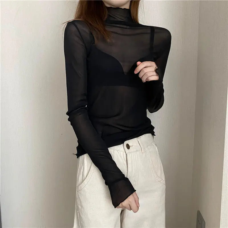 Women’s Sheer Mesh Turtleneck Top – Sexy Long Sleeve Transparent Slim Tee UK