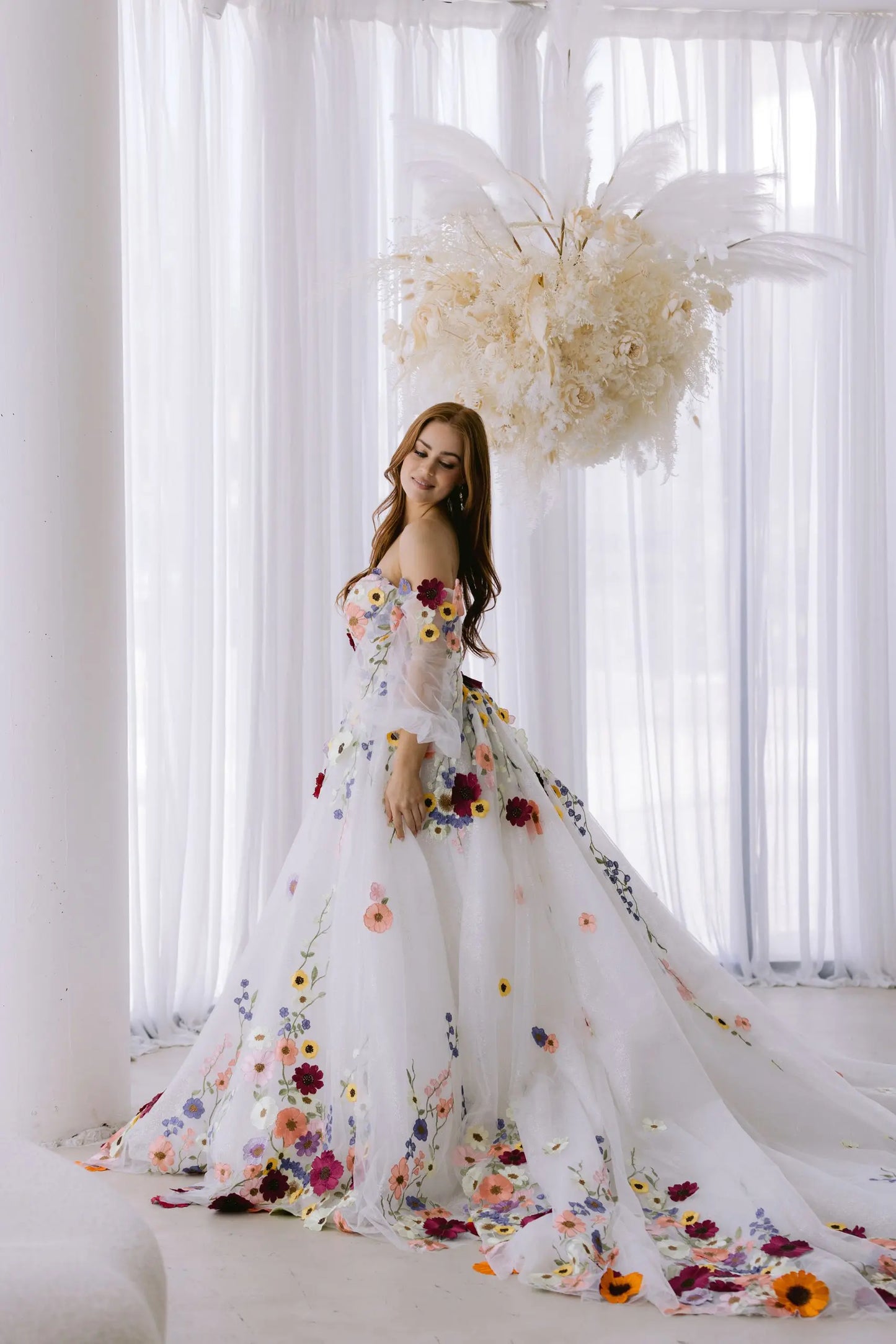 Jessica Flower Puff Sleeves Bridal Dress Embroidery Floral Tulle Prom Dresses Wedding Party Dresses Vestidos De Noche Customize