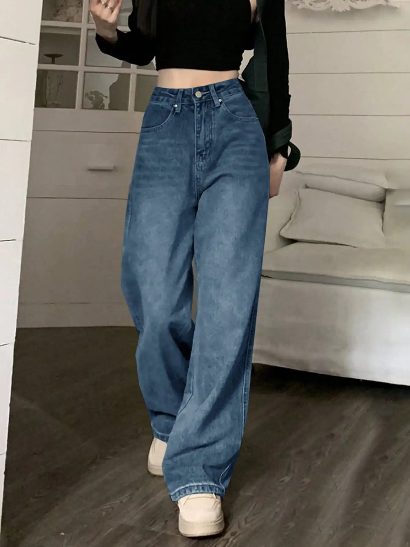Women’s High Waist Wide Leg Jeans – Retro Vintage Slimming Mop Pants UK