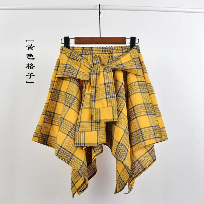 Women Plaid Mini Skirt – Summer Retro Bow Knot Elastic Waist Irregular Short Skirt Blue White