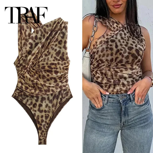 Leopard Print Mesh Bodysuit Women – TRAF Sleeveless Off Shoulder Sexy Tulle Summer Top, Slim Fit