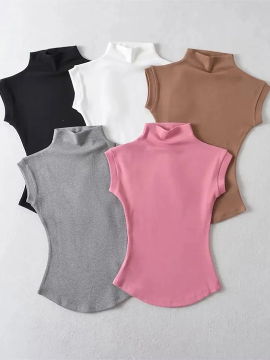 Women’s Sleeveless Turtleneck Top – Slim Fit Stretch Summer Pullover Tee UK