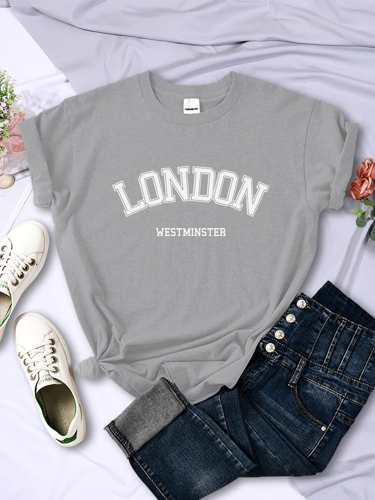 London Westminster Street Letter Tshirt Women Summer Breathable Crop Top Casual Sport Tee Clothes Sweat Cool Soft T-Shirt Female