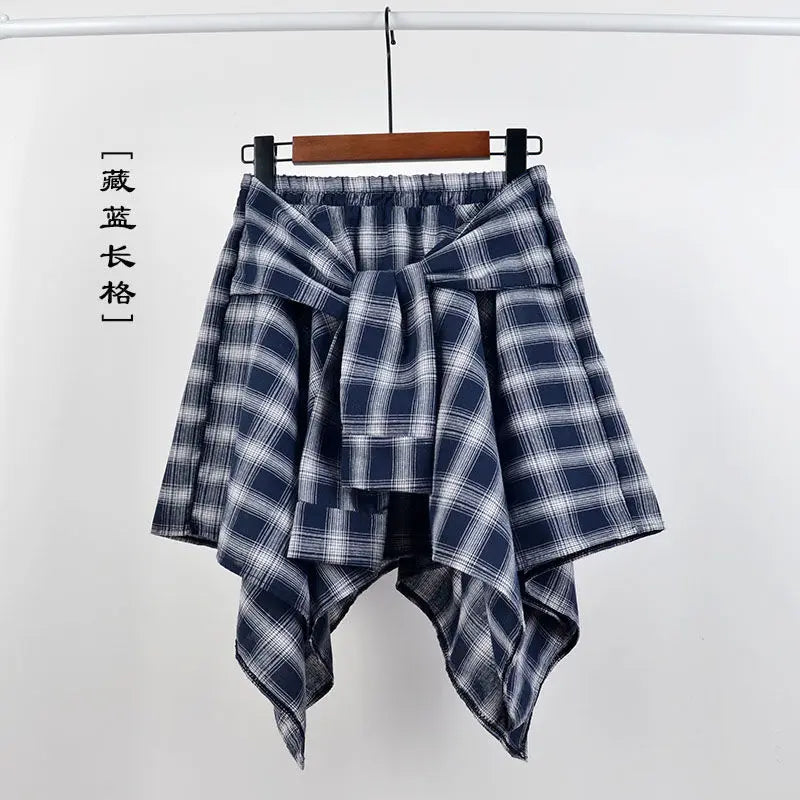 Women Plaid Mini Skirt – Summer Retro Bow Knot Elastic Waist Irregular Short Skirt Blue White