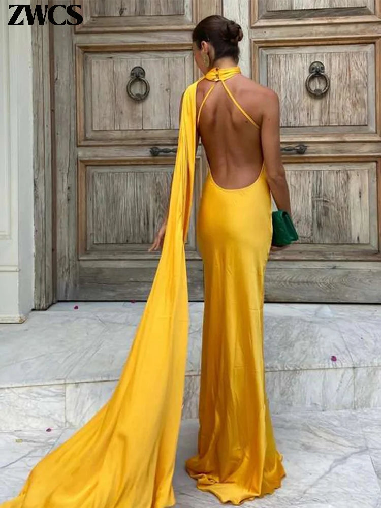 Elegant Satin Ribbons Halter Party Dress Women's Sexy Backless Off Shoulder Sleeveless Robes 2025 Summer New Lady Evening Gowns