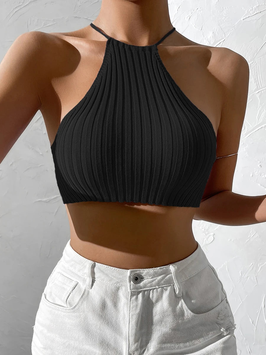 Women Tie Backless Halter Crop Top – Summer Knit Sexy Y2K Tank, Criss Cross Streetwear
