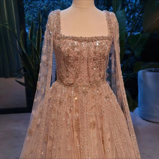 Sharon Said Luxury Dubai Nude Arabic Evening Dress with Cape Sleeves Chocker Wine Red Women Wedding Party Gowns SS543 Customized