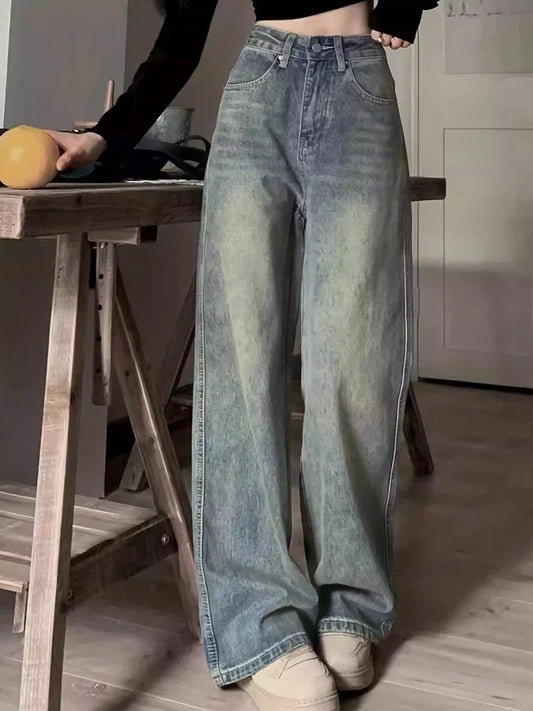 Women’s High Waist Wide Leg Jeans – Retro Vintage Slimming Mop Pants UK