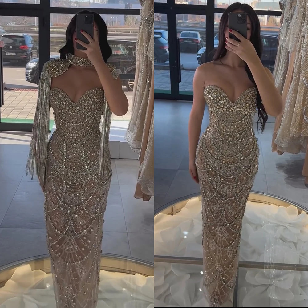 2025 Customized Nude Strapless Evening Dresses With Beaded Tassel And Detachable Fringe Short Cape For Formal Occasion LA72876