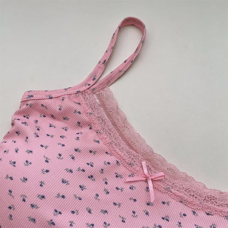 Summer Print Crop Tops for Women – Bow Lace Camisole, Sexy Backless Tank Top Y2K Streetwear
