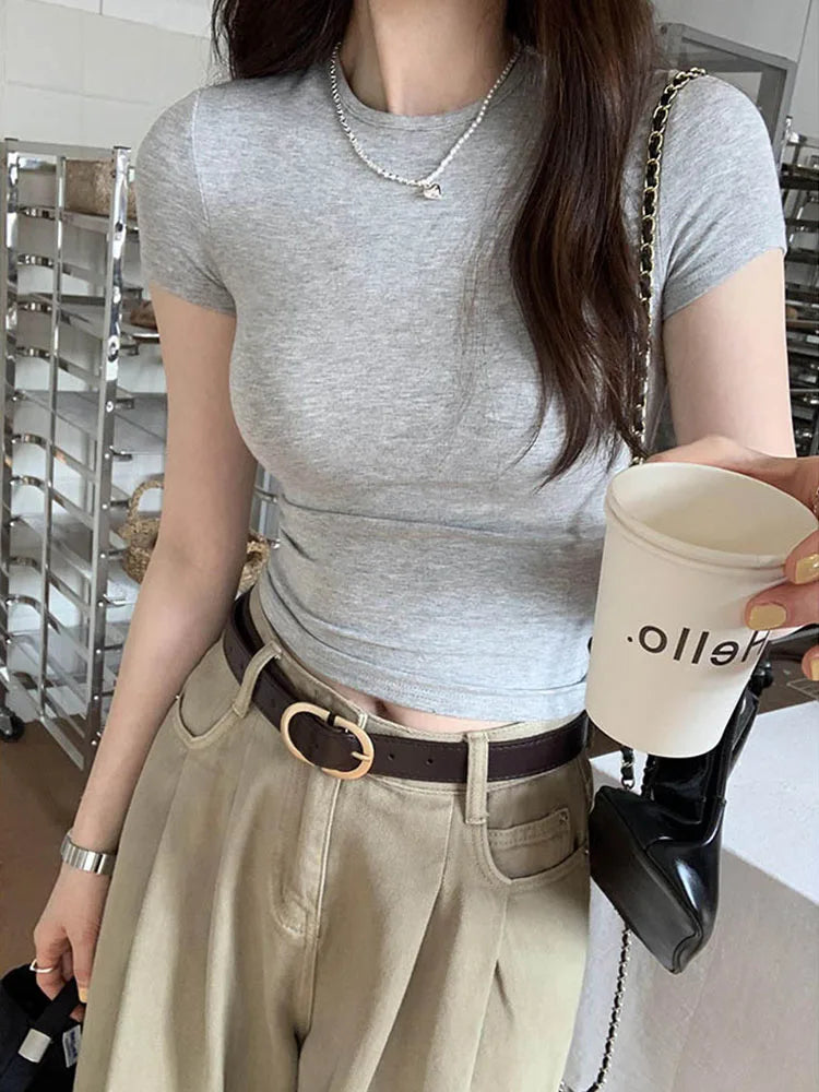 Basic Solid Crop Top Short Sleeve – Anitrendy Skinny Crewneck Tee for Women UK Summer 2025