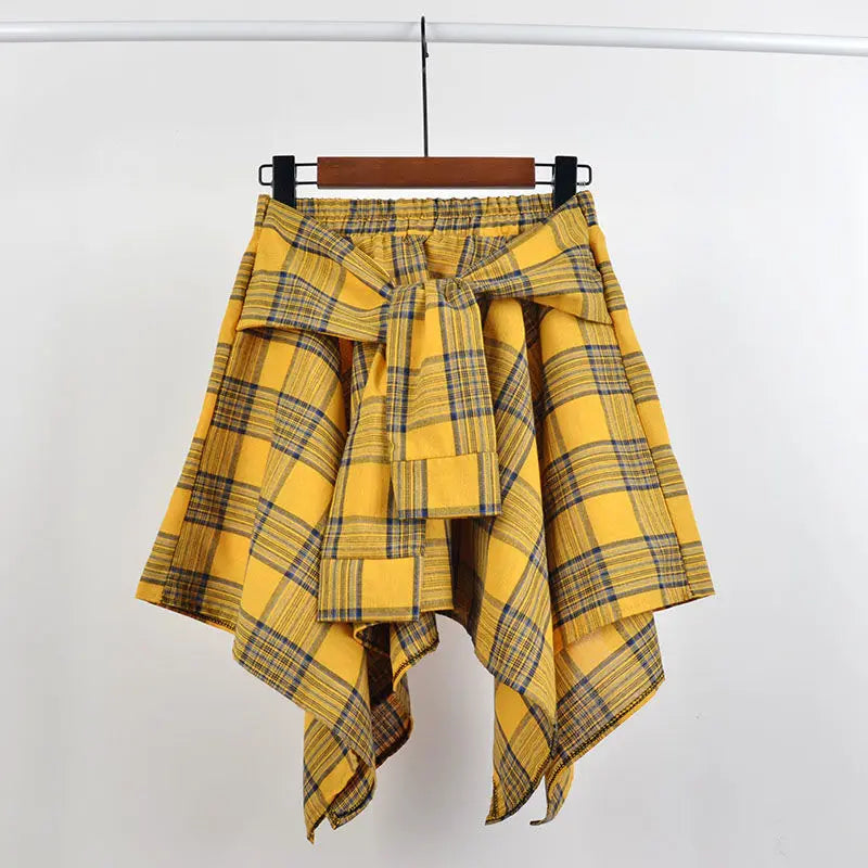 Women Plaid Mini Skirt – Summer Retro Bow Knot Elastic Waist Irregular Short Skirt Blue White