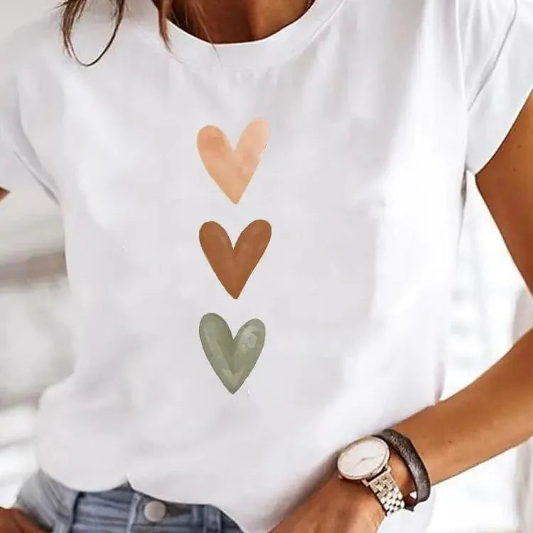 Women Casual Summer T-shirt – Loose Fit O-Neck Basic Tee with Trendy Heart Print UK