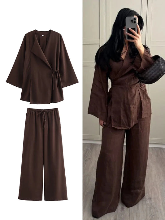 TFMLN Fashion Linen 2 Pieces Women 2024 Spring Summer Kimono Style Loose Lace Up Shirts Tops Women's Wide Leg Pants Sets