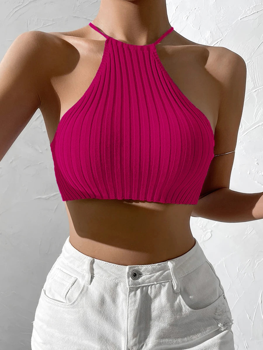 Women Tie Backless Halter Crop Top – Summer Knit Sexy Y2K Tank, Criss Cross Streetwear