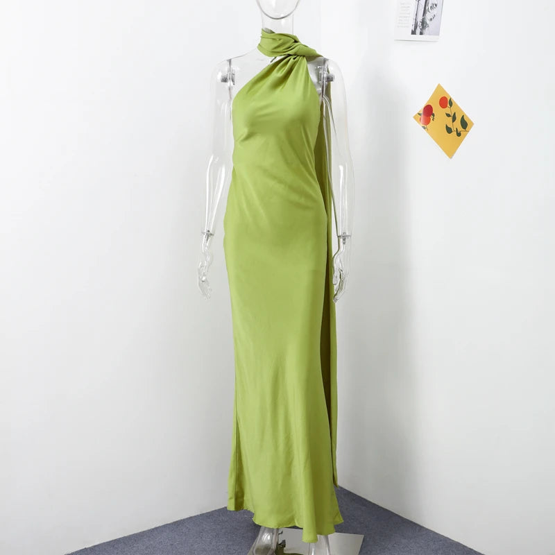 Elegant Satin Ribbons Halter Party Dress Women's Sexy Backless Off Shoulder Sleeveless Robes 2025 Summer New Lady Evening Gowns