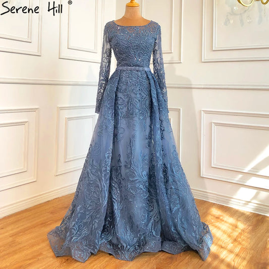 Serene Hill Muslim Blue Lace Beaded Luxury Evening Dresses Gowns O-Neck Mermaid Elegant 2025 For Women Party Plus Size LA70834