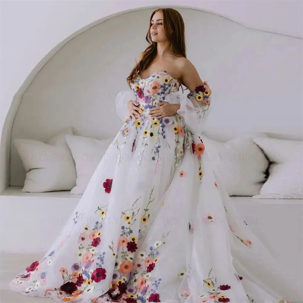 Jessica Flower Puff Sleeves Bridal Dress Embroidery Floral Tulle Prom Dresses Wedding Party Dresses Vestidos De Noche Customize