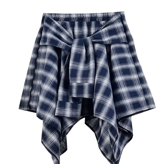 Women Plaid Mini Skirt – Summer Retro Bow Knot Elastic Waist Irregular Short Skirt Blue White