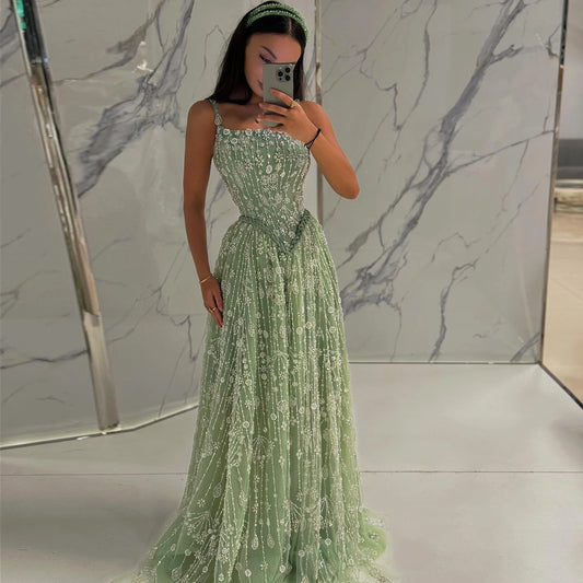 Sharon Said Elegant Sage Green Luxury Arabic Evening Dress for Women Wedding Party Spaghetti Straps 2025 New SS123 Customized