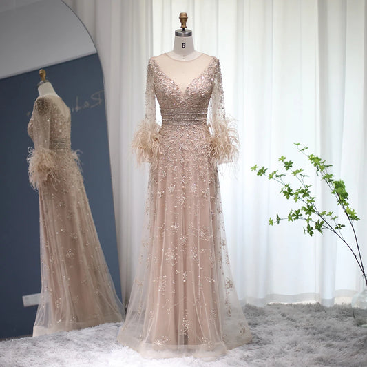 Sharon Said Champagne Feather Long Sleeve Evening Dress Luxury Dubai Beads Muslim Plus Size Women Wedding Dress SS101 Customized