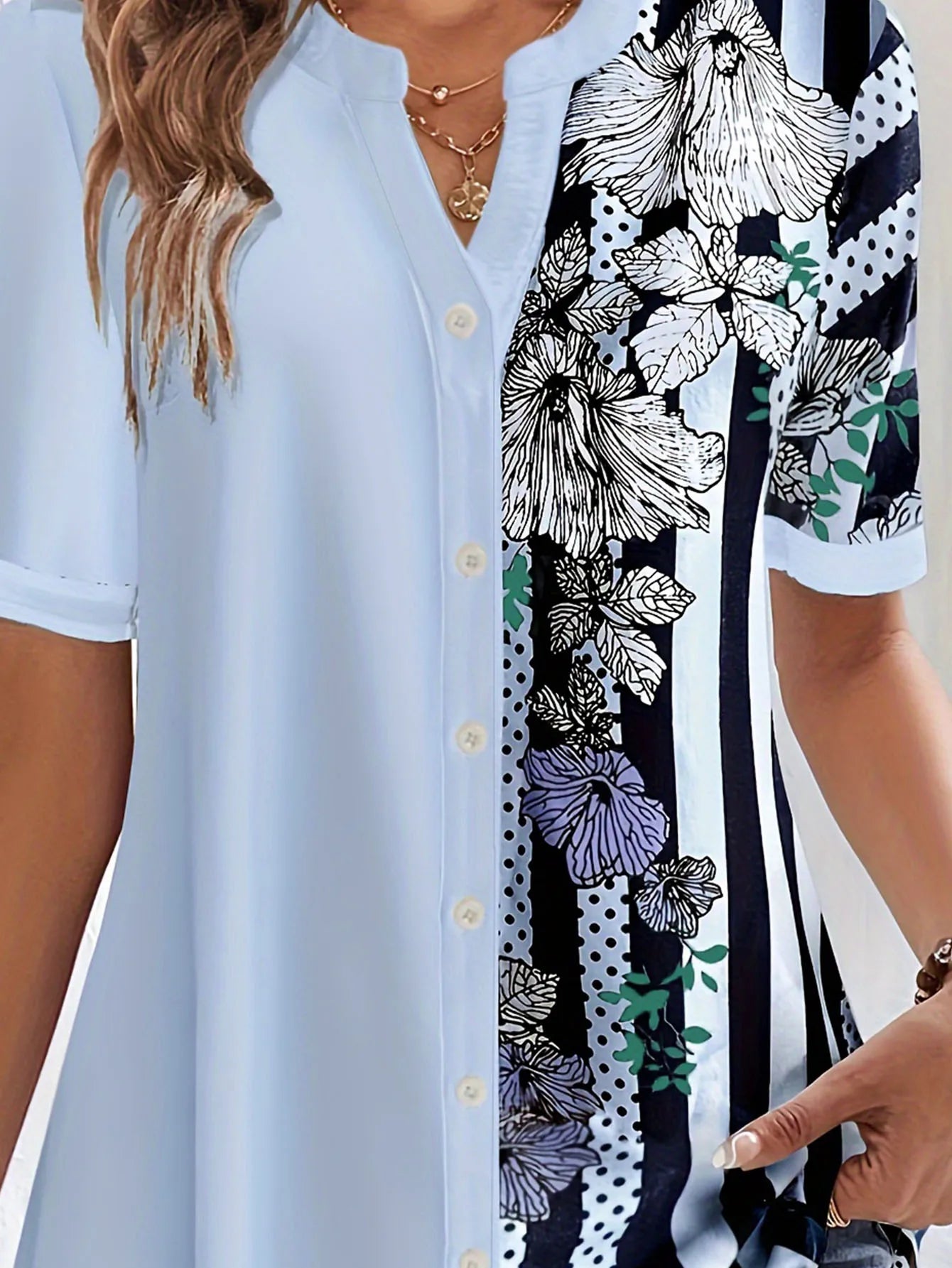 Plus Size Striped Floral Print Blouse – Women’s Casual V-Neck Half Sleeve Top UK