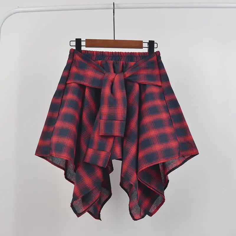 Women Plaid Mini Skirt – Summer Retro Bow Knot Elastic Waist Irregular Short Skirt Blue White